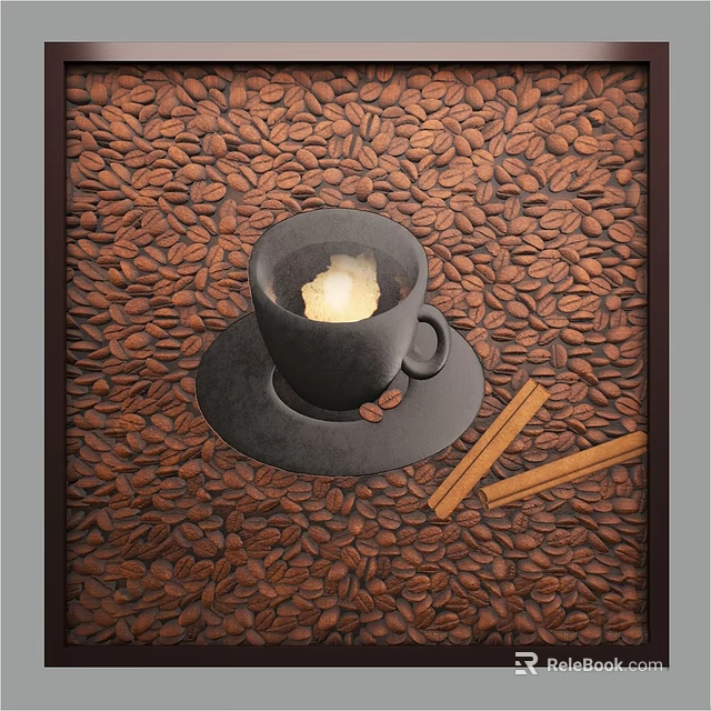 Stylish Coffee Cup With Ice Cube On Saucer And Cinnamon Sticks Over Coffee Beans Background 3d model 