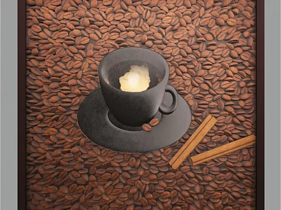Stylish Coffee Cup With Ice Cube On Saucer And Cinnamon Sticks Over Coffee Beans Background 3d model