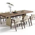 Modern Minimalist Dining Table Set with Wooden Tabletop Six Chairs White Cushions and Concrete Base
