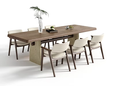 Modern Minimalist Dining Table Set with Wooden Tabletop Six Chairs White Cushions and Concrete Base 3d model
