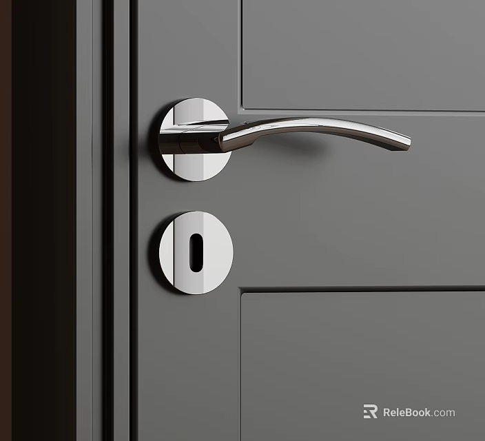 Modern Silver Metal Door Handle Installed On Gray Door With Keyhole 3d model 
