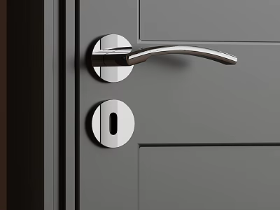 Modern Silver Metal Door Handle Installed On Gray Door With Keyhole 3d model