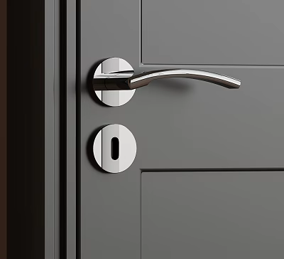 Modern Silver Metal Door Handle Installed On Gray Door With Keyhole 3d model