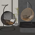 Modern Indoor Rattan Hanging Chairs With Black And Beige Design Metal Stand And Comfortable Cushions