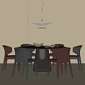 Modern Round Dining Table With Red Black Leather Chairs Under Hanging Pendant Light 3d model