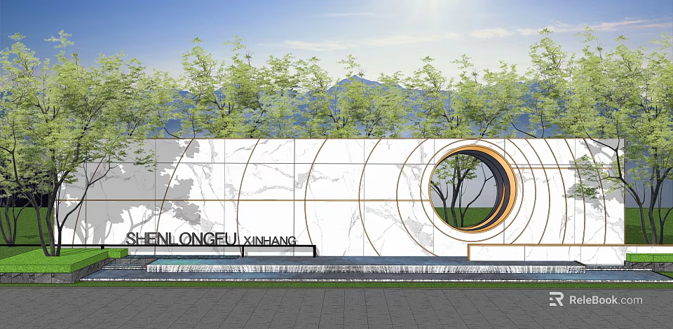 Modern Building Exterior Wall With Marble Texture Circular Window Lush Trees And Mountain View 3d model 