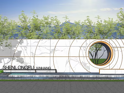 Modern Building Exterior Wall With Marble Texture Circular Window Lush Trees And Mountain View 3d model