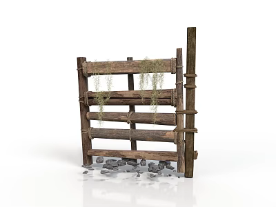 Rustic Wooden Fence Structure With Vines And Stones At The Bottom 3d model