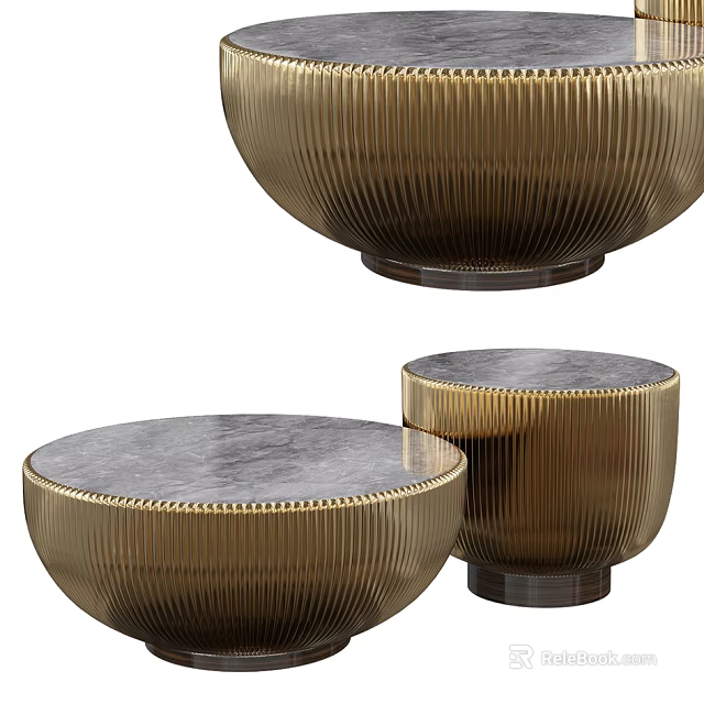 Modern Coffee Table Set With Golden Ribbed Base And Marble Tabletop 3d model 