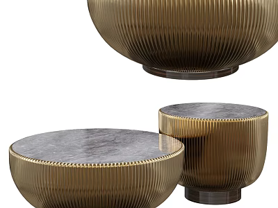 Modern Coffee Table Set With Golden Ribbed Base And Marble Tabletop 3d model