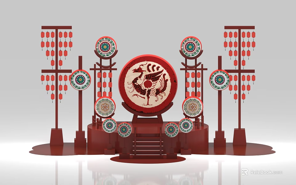 Traditional Chinese Stage With Red Decor Round Drum Dragon Phoenix Patterns And Lanterns 3d model 