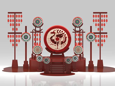 Traditional Chinese Stage With Red Decor Round Drum Dragon Phoenix Patterns And Lanterns 3d model