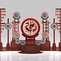 Traditional Chinese Stage With Red Decor Round Drum Dragon Phoenix Patterns And Lanterns
