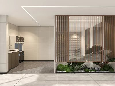Modern Other Restroom Interior With Wooden Lattice Partition Green Plants And Vanity Cabinet 3d model