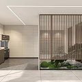 Modern Other Restroom Interior With Wooden Lattice Partition Green Plants And Vanity Cabinet
