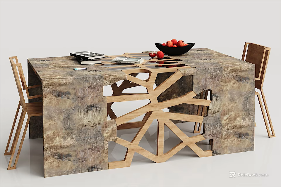 Dining Table And Chairs Set With Textured Top Geometric Wooden Legs And Red Fruits Bowl 3d model 