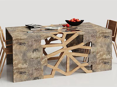 Dining Table And Chairs Set With Textured Top Geometric Wooden Legs And Red Fruits Bowl 3d model