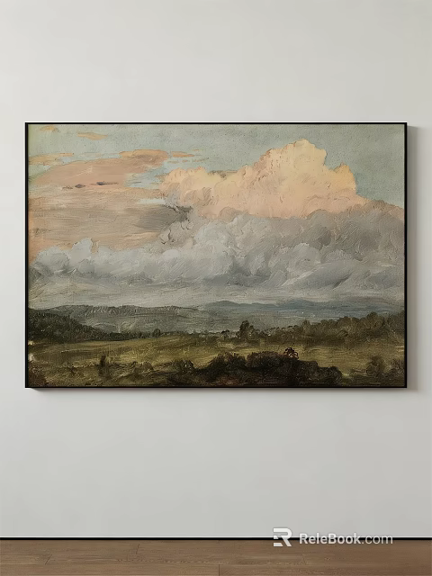 Oil Painting Of Cloudy Sky With Pink Clouds Green Fields And Distant Mountains 3d model 