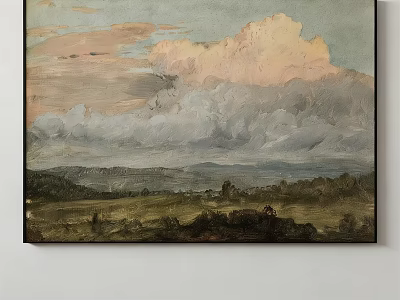Oil Painting Of Cloudy Sky With Pink Clouds Green Fields And Distant Mountains 3d model