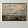 Oil Painting Of Cloudy Sky With Pink Clouds Green Fields And Distant Mountains