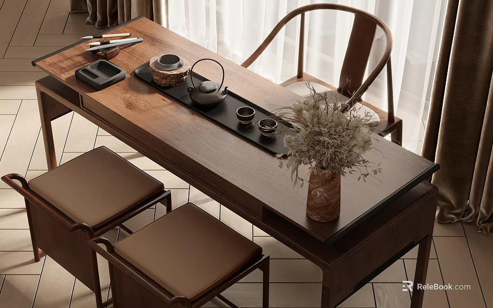 Wooden Tea Table and Chairs with Teapot Cups Tray and Dried Flower Vase 3d model 
