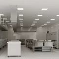 Commercial Kitchen With Stainless Steel Appliances Ventilation Hood Worktables And Storage Cabinets
