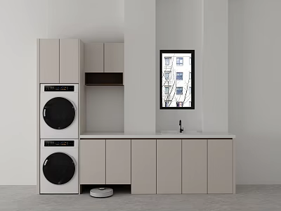 Modern Balcony Cabinet Design With Stacked Washing Machine Dryer And Sink 3d model