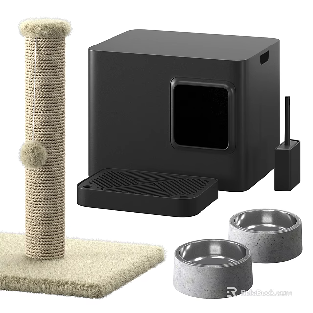 Pet Supplies Include Cat Scratching Post Litter Box And Bowls 3d model 