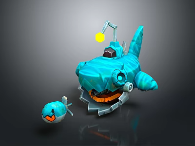 Blue Mechanical Shark Robot With Small Fish Creature Design Features 3d model