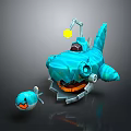 Blue Mechanical Shark Robot With Small Fish Creature Design Features 3d model
