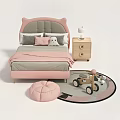 Kids Bed With Pink Headboard Plush Toys Round Rug Animal Patterns Nightstand And Lamp