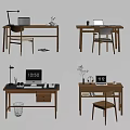 Wooden Desk Interior With Laptop Desk Lamp Clock Plant And Chair