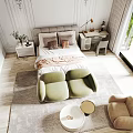 Elegant Bedroom Interior With Decorative Wall Moldings Green Sofa Chair Beige Armchair And Table Lamp