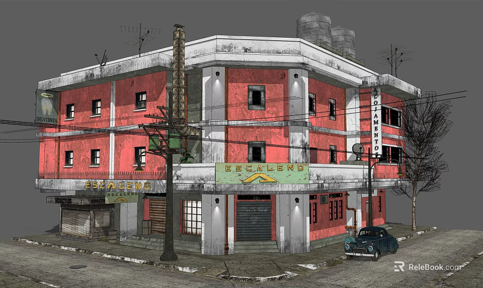 Vintage Red Building Exterior With Escalera Sign And Classic Car On Street 3d model 
