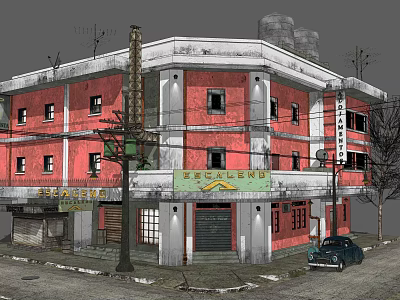 Vintage Red Building Exterior With Escalera Sign And Classic Car On Street 3d model