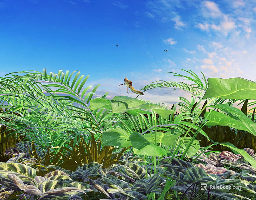 Lush Green Tropical Plants with Large Leaves and Dragonfly Under Blue Sky and White Clouds 3d model 