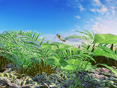 Lush Green Tropical Plants with Large Leaves and Dragonfly Under Blue Sky and White Clouds 3d model