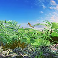 Lush Green Tropical Plants with Large Leaves and Dragonfly Under Blue Sky and White Clouds