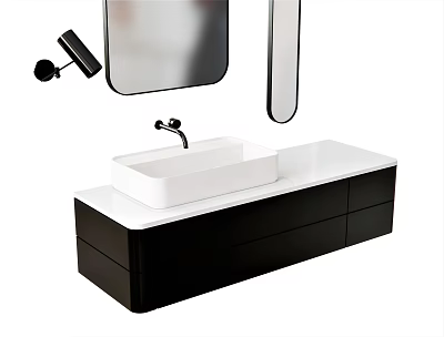 Modern Bathroom Vanity With White Countertop Black Cabinet Chrome Faucet And Mirrors 3d model