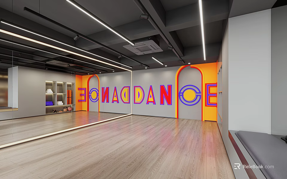Spacious EOMADANCE Fitness Studio With Mirrored Walls Wooden Flooring And Bright Lighting 3d model 