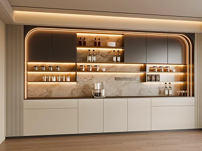 Sleek Modern Sideboard Design With LED Lighting Marble Backsplash Open Shelves And Storage Cabinets 3d model