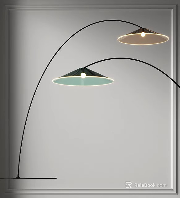 Modern Curved Floor Lamp With Green Shade And White Interior Glowing In Minimalist Room 3d model 