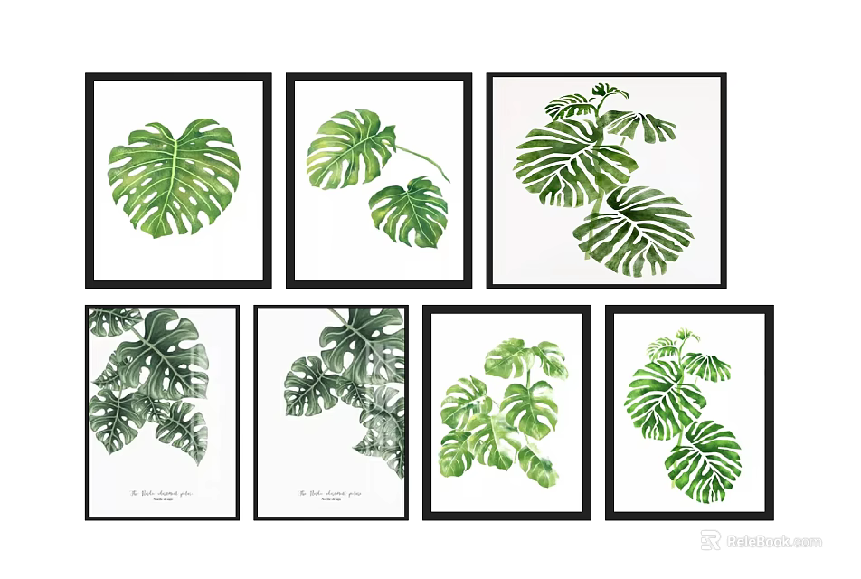 Framed Monstera Leaf Wall Art Set of Six with Black Frames Decorative Prints 3d model 