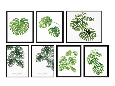 Framed Monstera Leaf Wall Art Set of Six with Black Frames Decorative Prints 3d model