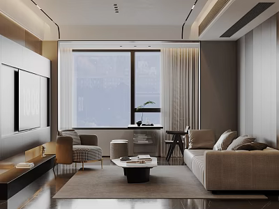 Modern Living Room Interior With Beige Sofa Coffee Table TV Wall And Window Curtains 3d model