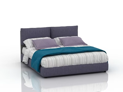 Double Bed With Dark Gray Headboard Purple Pillows Teal Blanket And Gray White Striped Bedspread 3d model