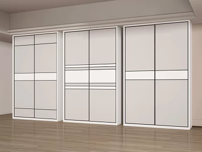 Modern White Wardrobe with Sliding Doors and Sleek Panel Design in Minimalist Interior with Wooden Flooring 3d model