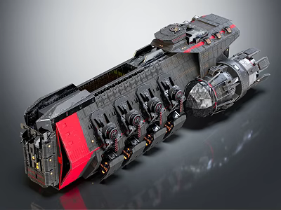 Sci-Fi Spaceship Black And Red Large Mechanical Structure With Multiple Engines And Futuristic Design Details 3d model