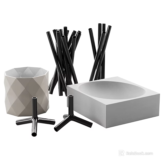 Modern Decorative Ornament Set With Ceramic Geometric Vase Black Metal Sticks And Concrete Square Base 3d model 