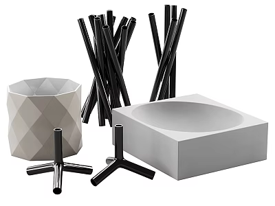 Modern Decorative Ornament Set With Ceramic Geometric Vase Black Metal Sticks And Concrete Square Base 3d model